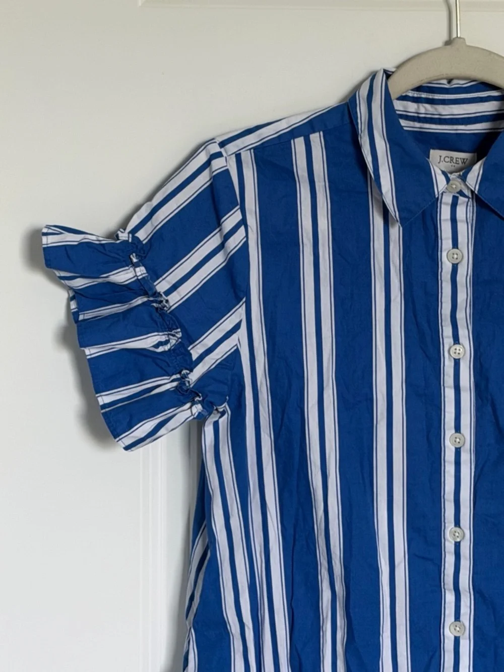 J. Crew Royal Blue & White Striped Ruffle-Sleeve Mini Shirt-Dress 2 54857